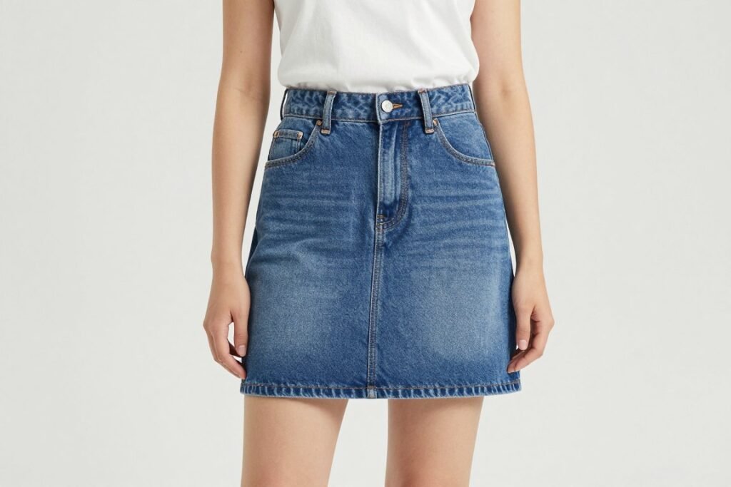 Woman wearing A-line denim mini skirt that flatters pear-shaped figures