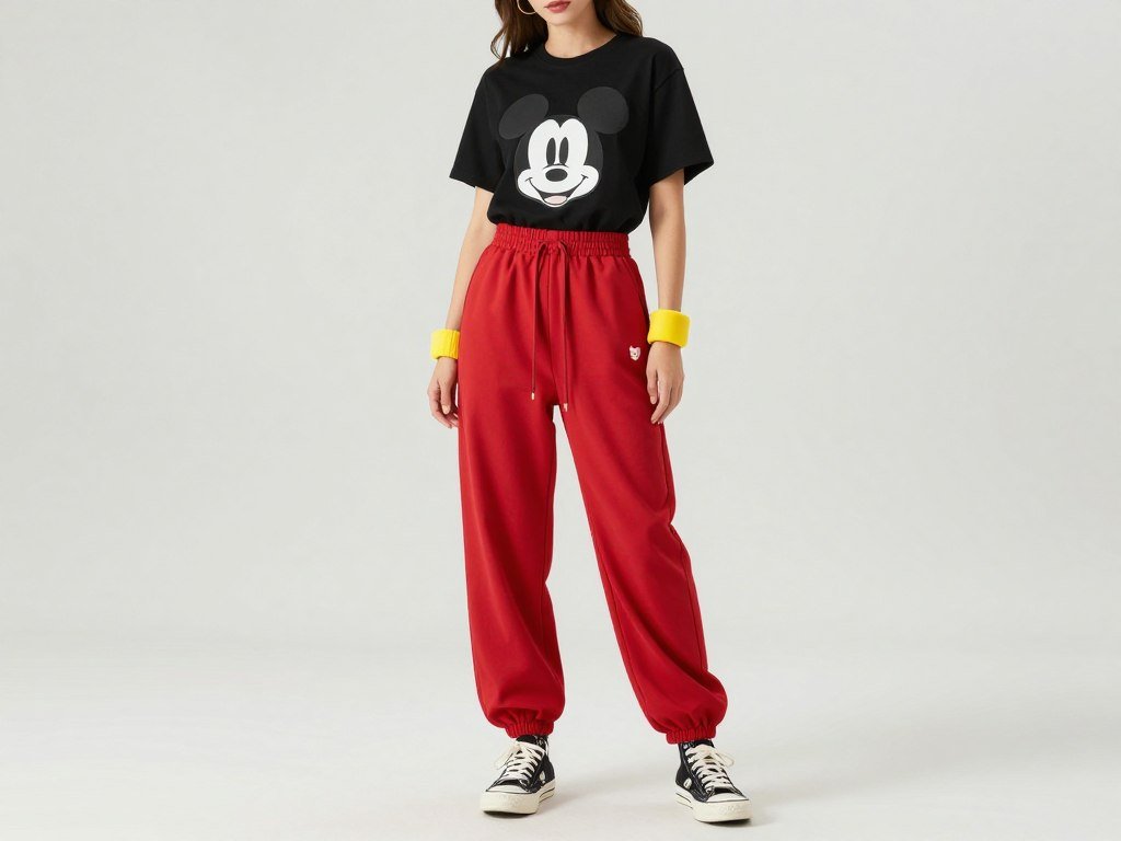 Woman wearing Mickey Mouse inspired outfit with red pants and black top