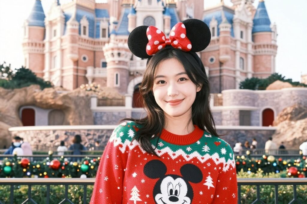 Woman wearing a Christmas-themed Disney sweater with festive Mickey ears at Disney during holidays