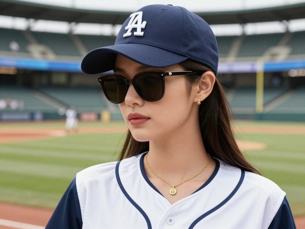 Woman wearing a baseball cap, sunglasses, and gold jewelry as accessories for a cute baseball game outfit