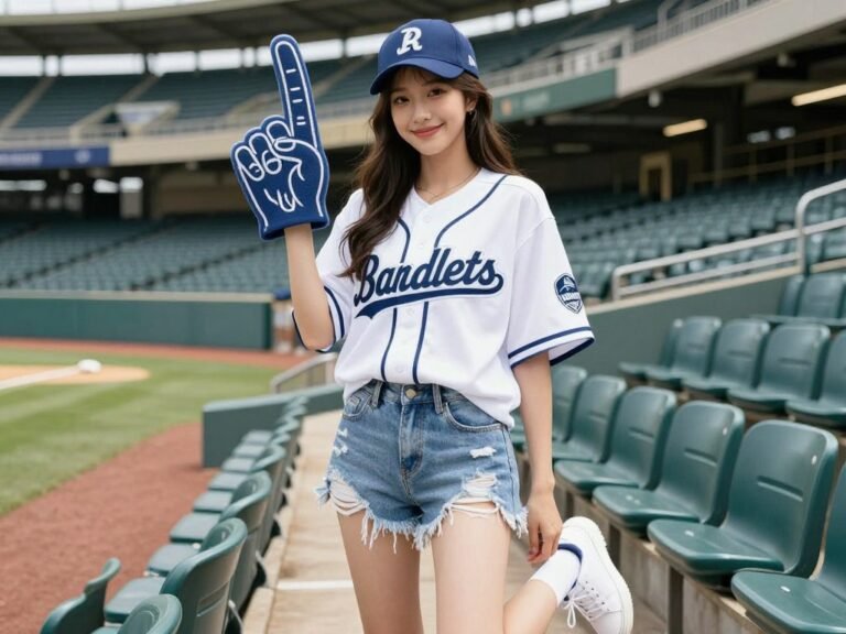 Woman wearing a baseball jersey with denim shorts and white sneakers at a casual baseball game
