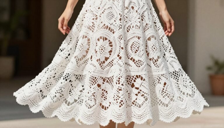 Woman wearing a beautiful handmade white crochet maxi skirt with delicate lace pattern