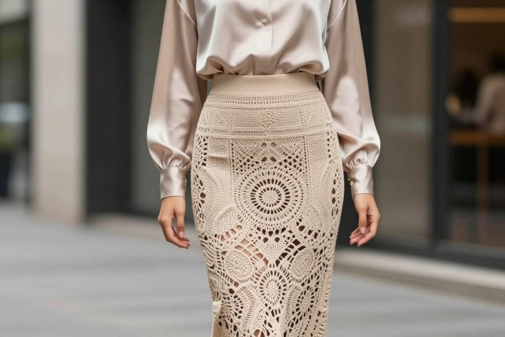 Woman wearing a beige crochet midi skirt with a tucked-in blouse