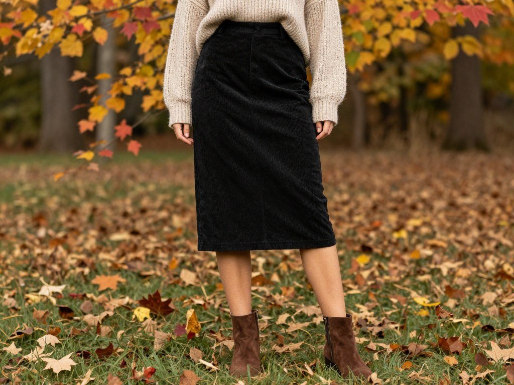 Woman wearing a black corduroy skirt with a chunky knit sweater for a fall black skirt outfit