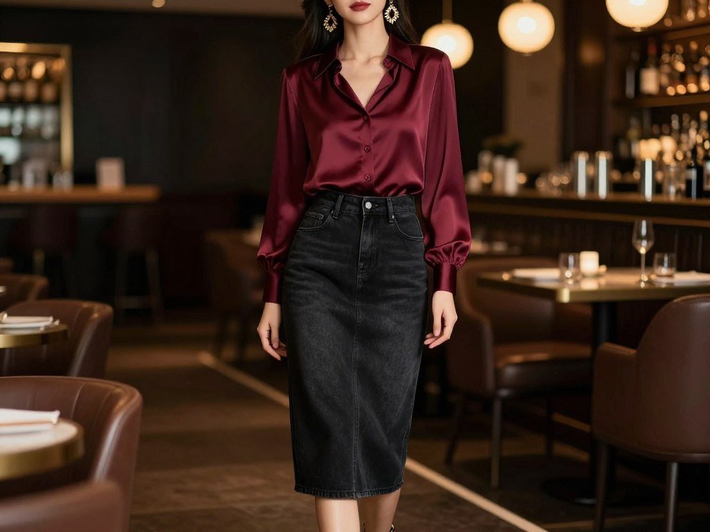 Woman wearing a black denim skirt with a silk blouse and statement jewelry for an evening outfit