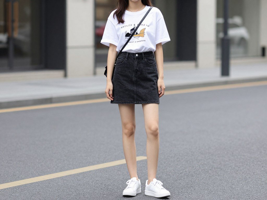 Woman wearing a black denim skirt with a white graphic t-shirt and sneakers for a casual everyday look