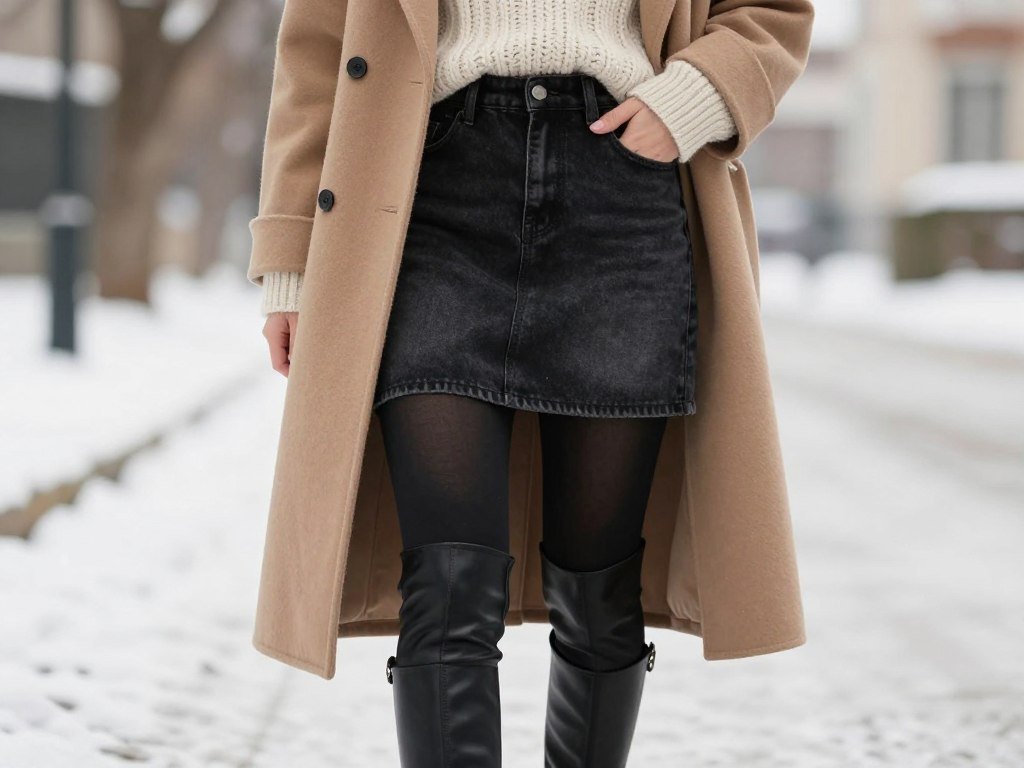 Woman wearing a black denim skirt with tights, boots and layered sweater for a winter outfit