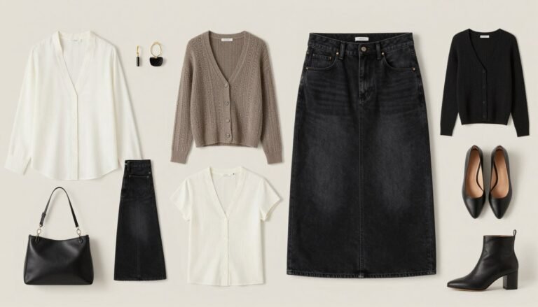 Woman wearing a black denim skirt with various outfit combinations showing its versatility