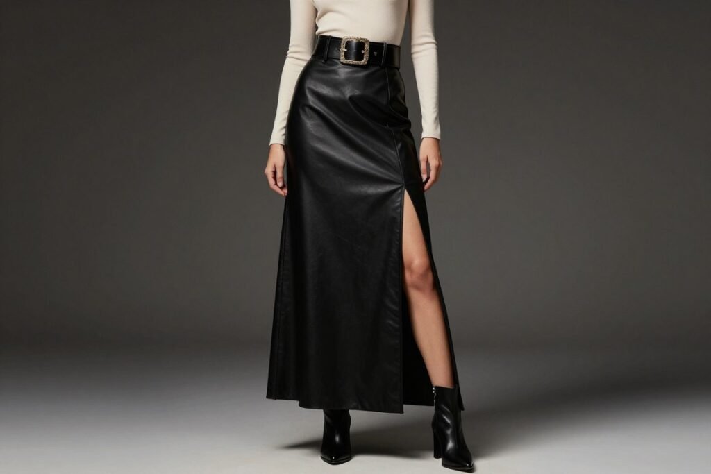 Woman wearing a black leather maxi skirt with a fitted top and statement belt