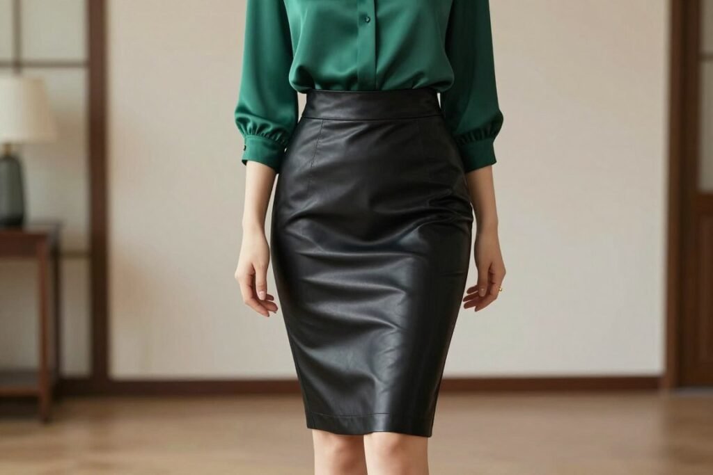 Woman wearing a black leather pencil skirt with a tucked-in silk blouse for an elegant look