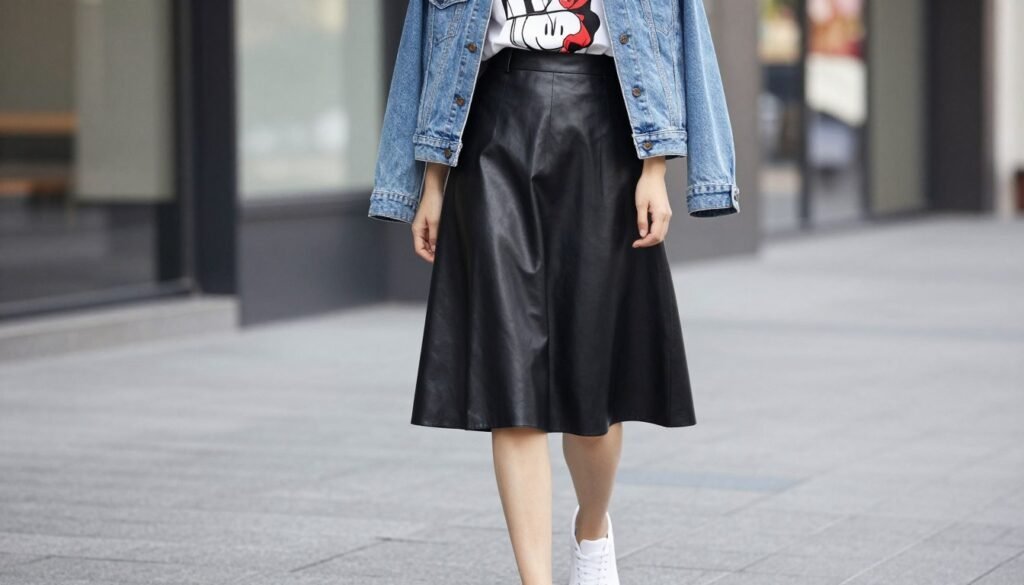 Woman wearing a black leather skirt with a casual t-shirt, denim jacket and white sneakers