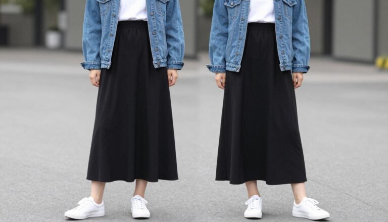 Woman wearing a black maxi skirt with a white t-shirt and denim jacket for a casual weekend black skirt outfit