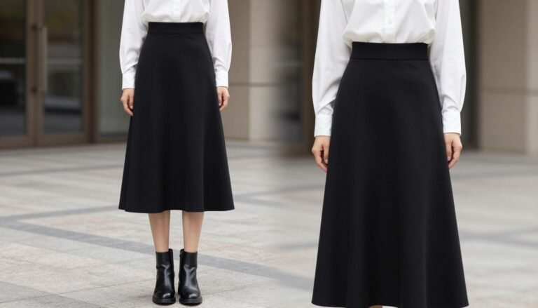 Woman wearing a black midi skirt outfit with white blouse and ankle boots