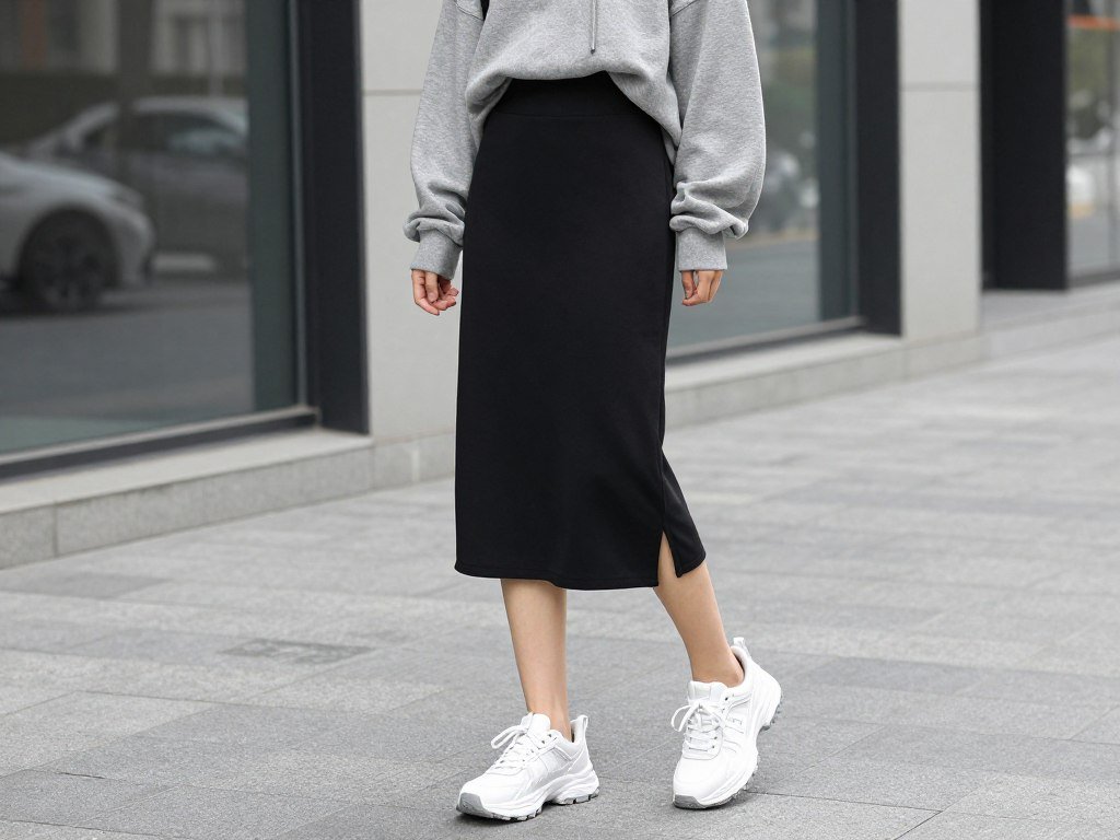 Woman wearing a black midi skirt with an oversized hoodie and chunky sneakers for a sporty black skirt outfit
