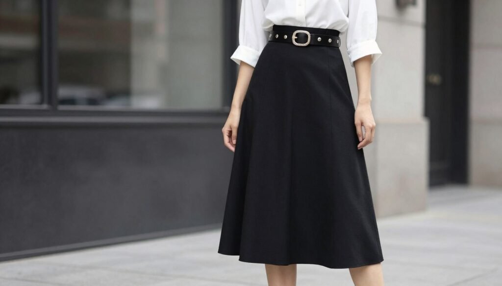 Woman wearing a black midi skirt with statement belt and accessories for a styled black skirt outfit