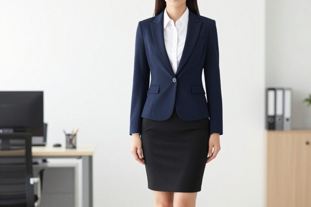 Woman wearing a black pencil skirt with a white button-down shirt and blazer for a professional black skirt outfit