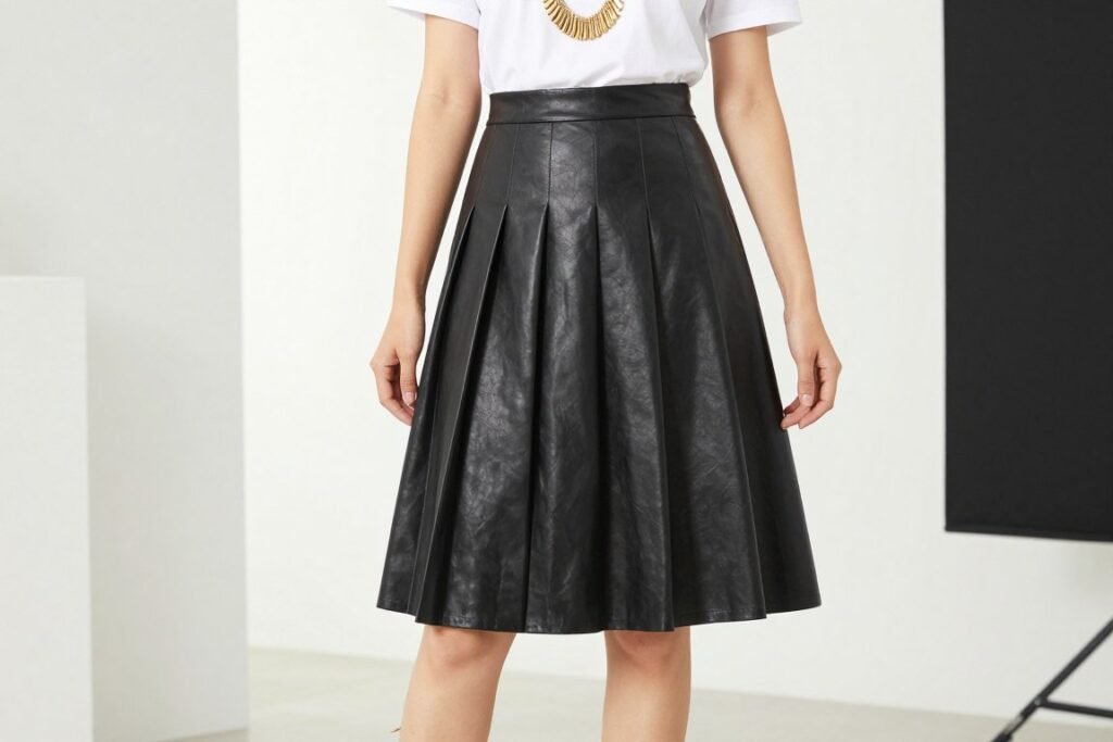 Woman wearing a black pleated leather skirt with a simple t-shirt and statement jewelry