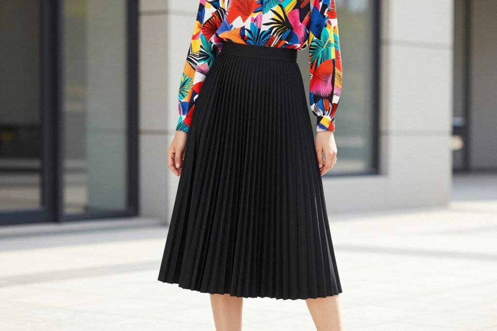 Woman wearing a black pleated midi skirt with a bold printed blouse for a statement black skirt outfit