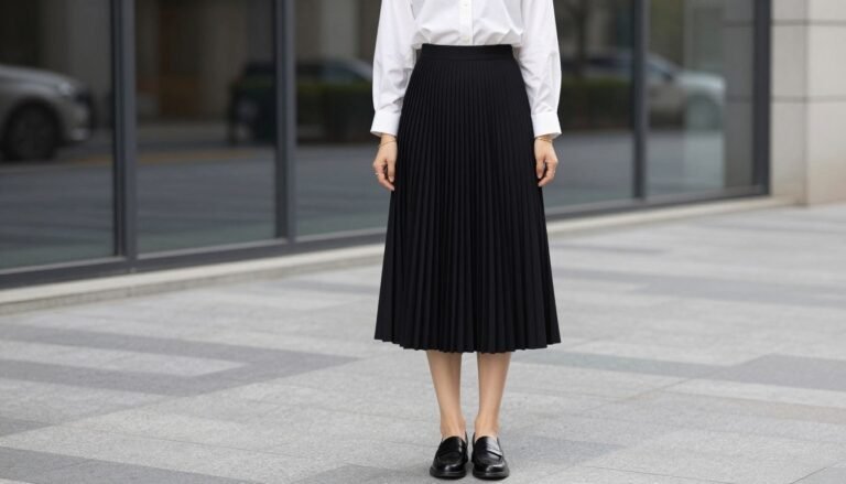 Woman wearing a black pleated skirt with white blouse and minimal accessories
