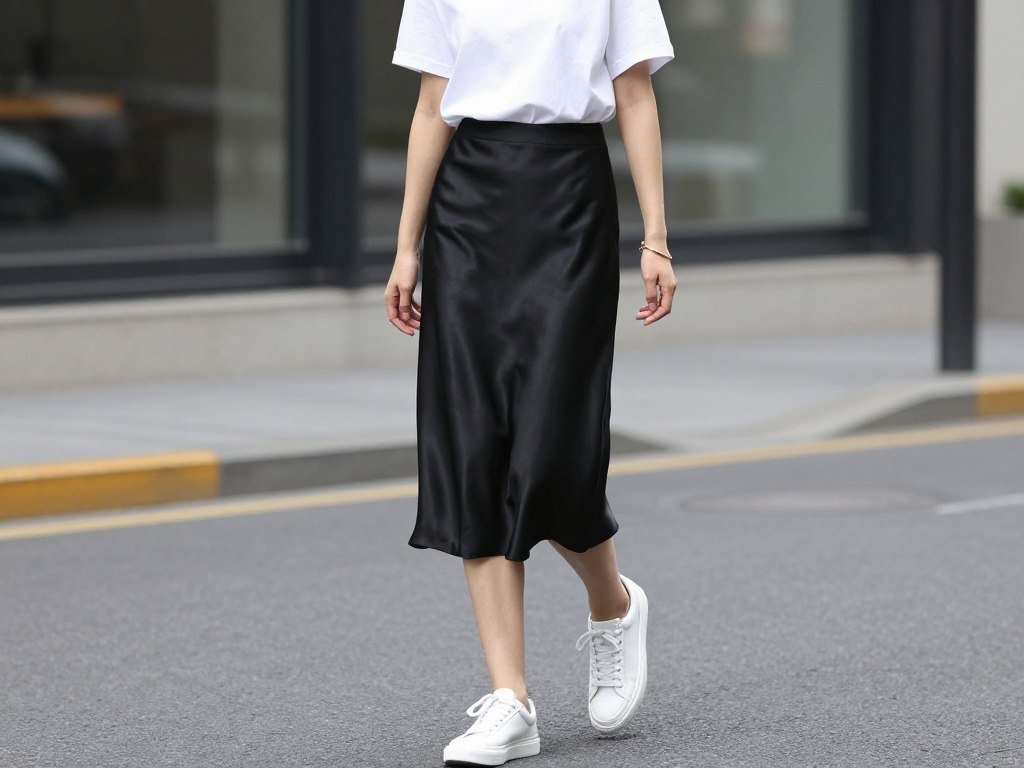 Woman wearing a black satin midi skirt with a casual white t-shirt and sneakers for a relaxed daytime look