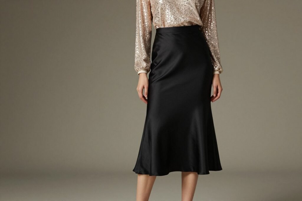 Woman wearing a black satin midi skirt with a sequined top for an elegant evening black skirt outfit