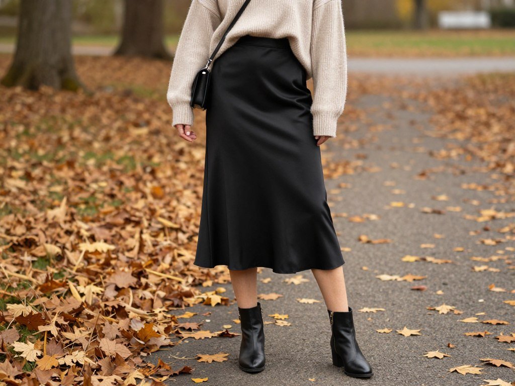Woman wearing a black satin skirt paired with an oversized sweater and ankle boots for a stylish fall outfit
