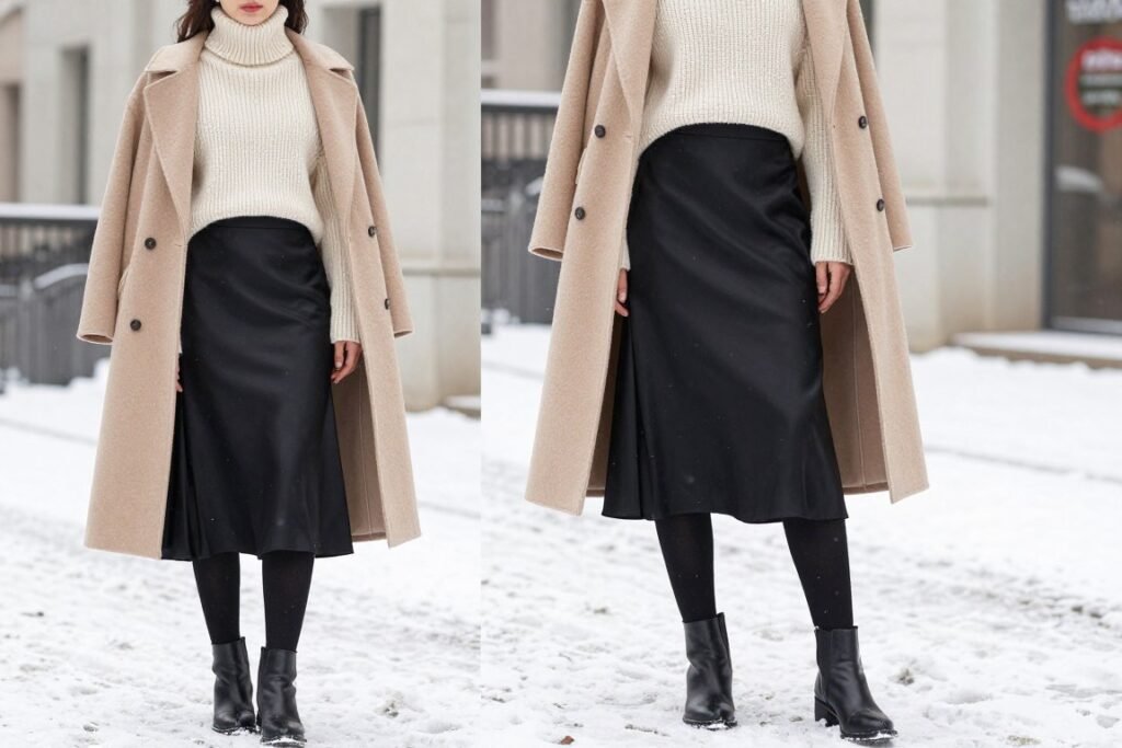 Woman wearing a black satin skirt with a chunky sweater, tights, and boots for a winter outfit
