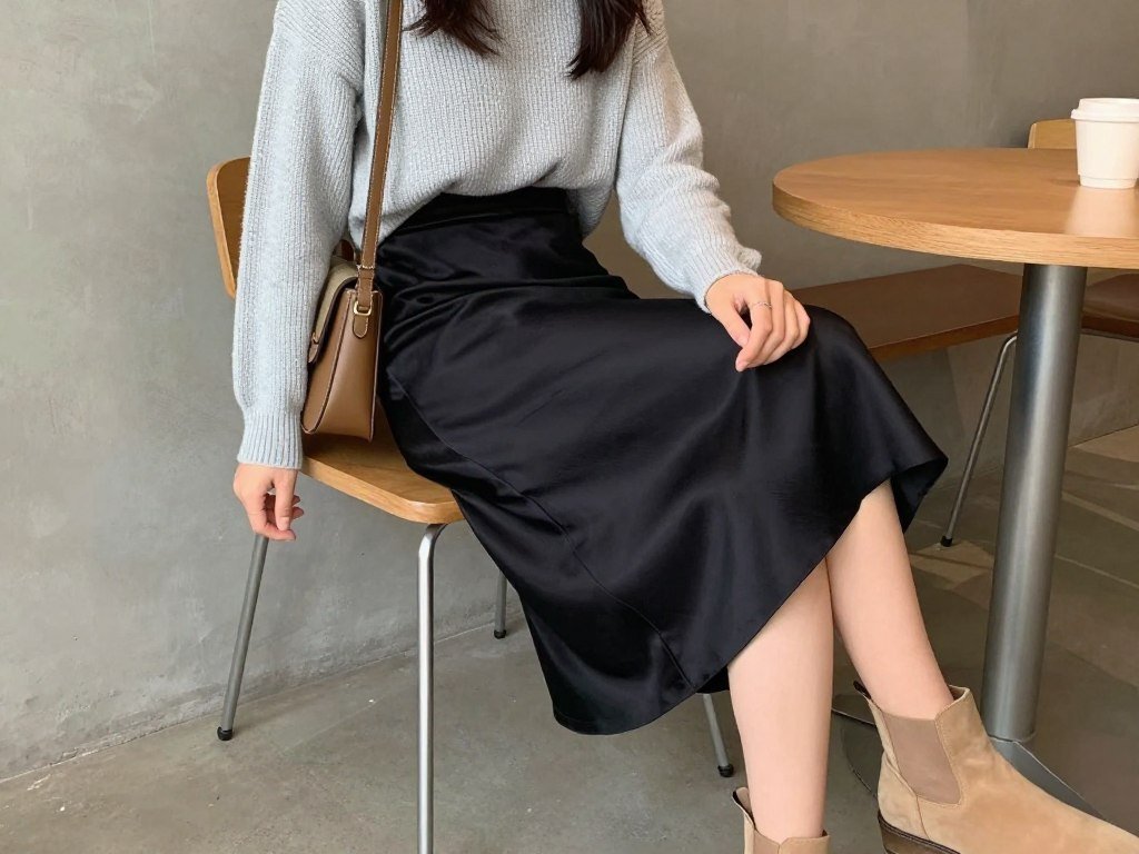 Woman wearing a black satin skirt with a cropped sweater and ankle boots for a stylish weekend brunch outfit