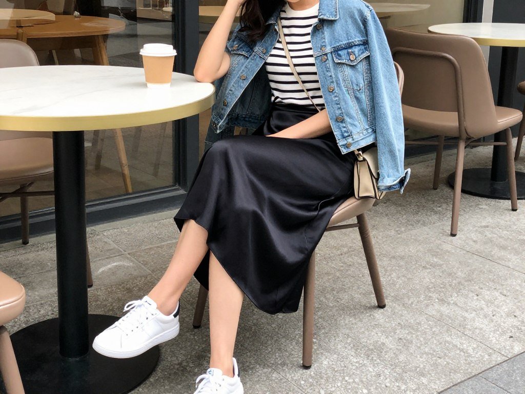 Woman wearing a black satin skirt with a denim jacket and white sneakers at a casual weekend brunch