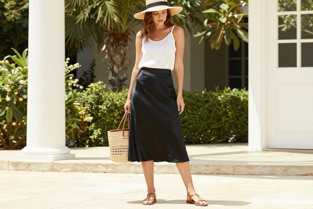 Woman wearing a black satin skirt with a light cotton tank top and sandals for a summer look