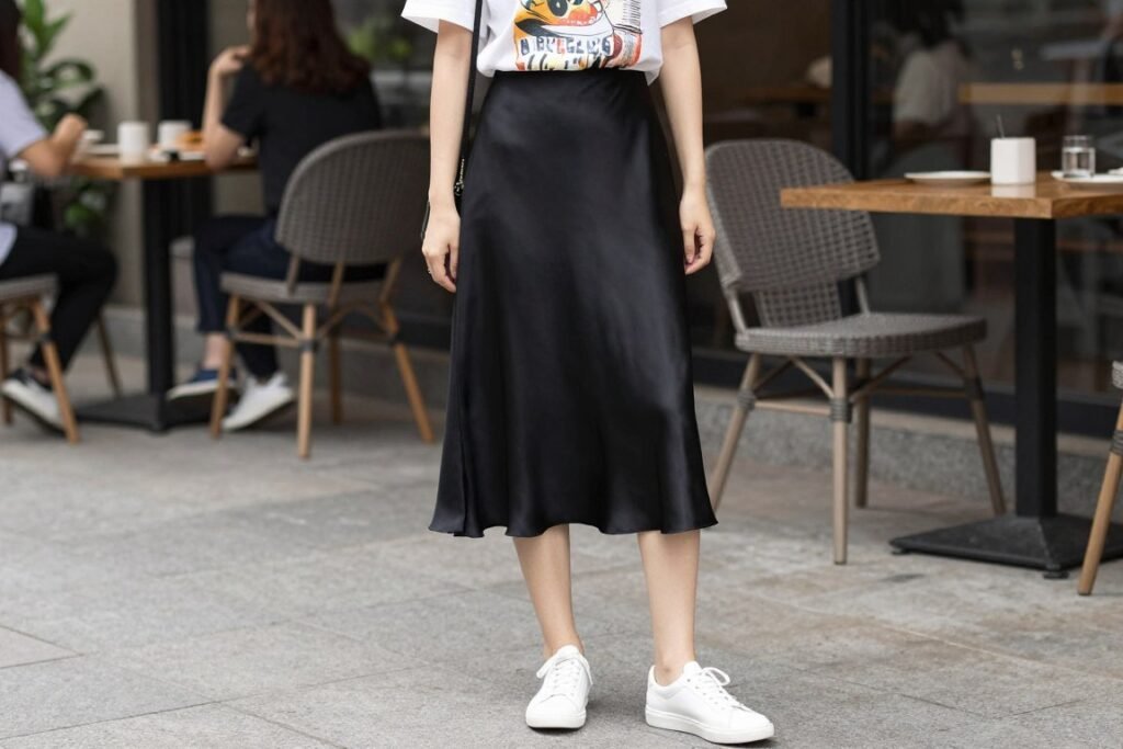Woman wearing a black silk midi skirt styled with a graphic t-shirt and white sneakers for a casual weekend look