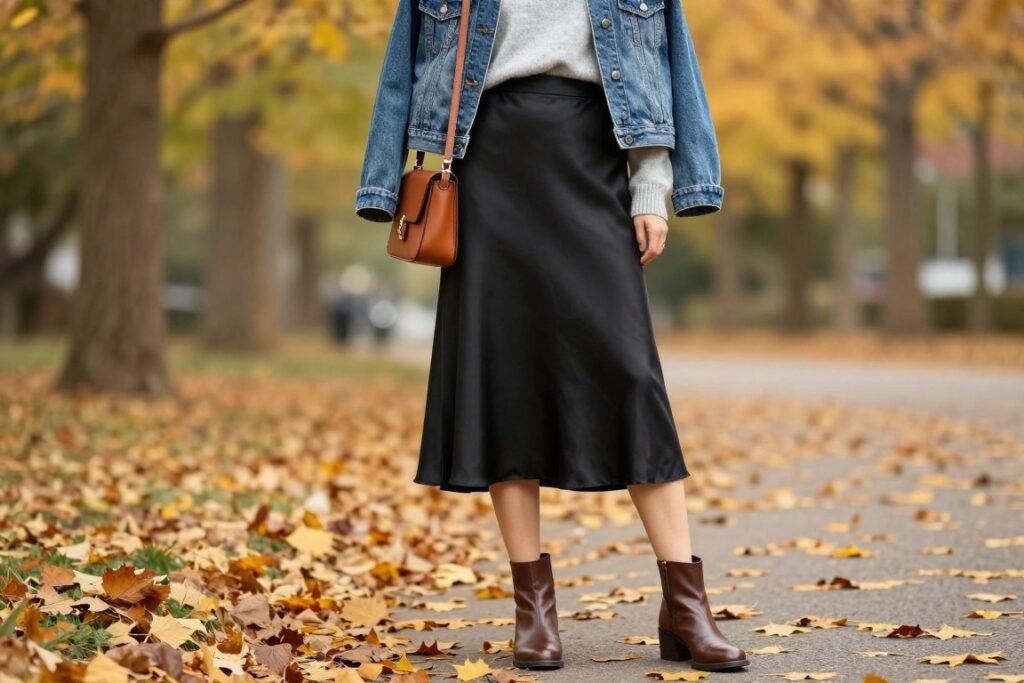 Woman wearing a black silk skirt with a denim jacket and ankle boots for fall