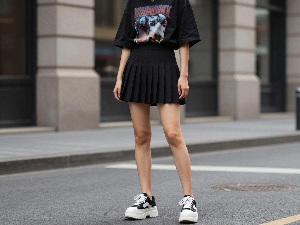 Woman wearing a black tennis skirt outfit with an oversized graphic tee and chunky sneakers for a street style look