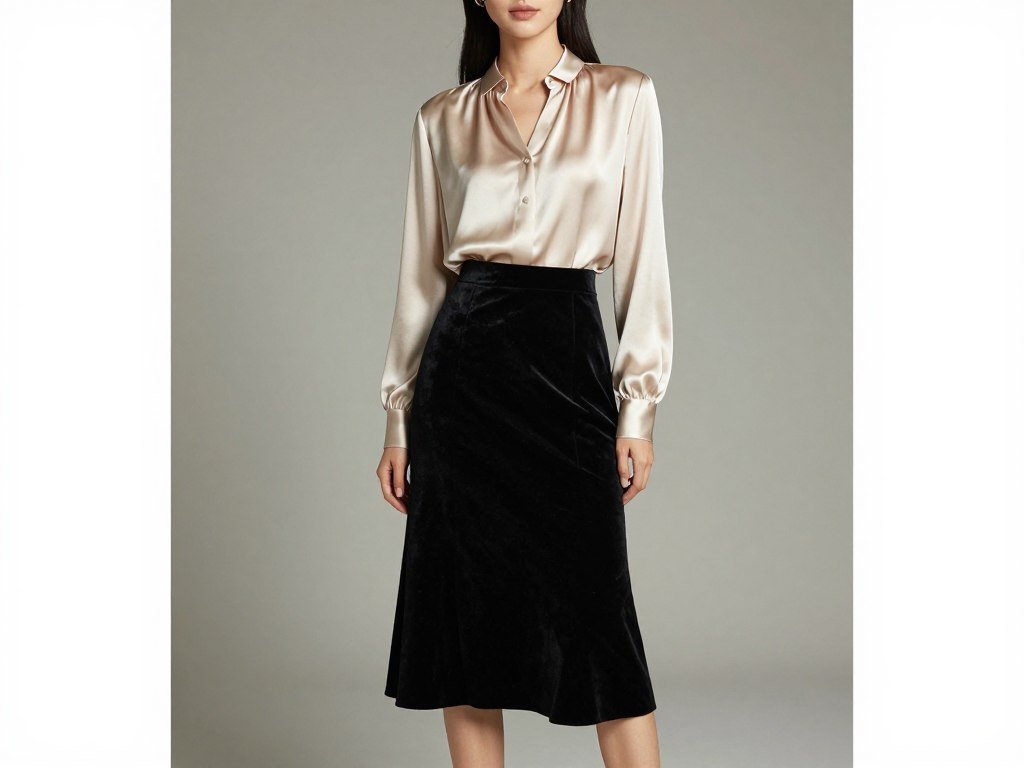 Woman wearing a black velvet skirt with a silk blouse for an evening black skirt outfit