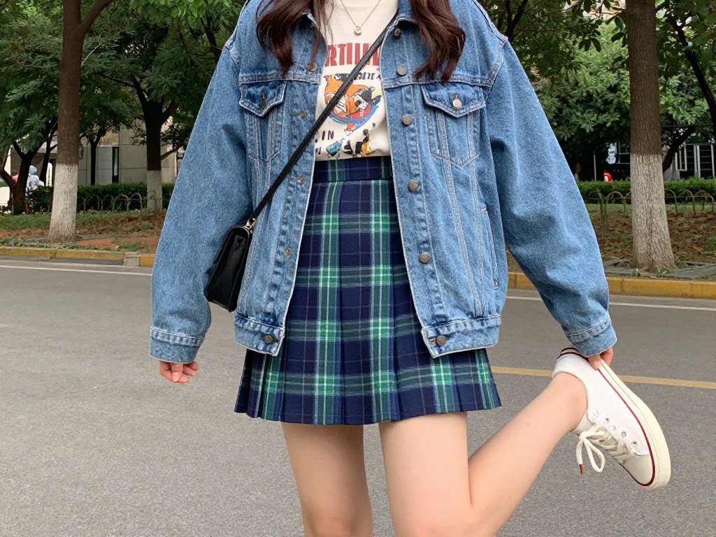Woman wearing a blue plaid mini skirt with a vintage graphic t-shirt, denim jacket, and white sneakers