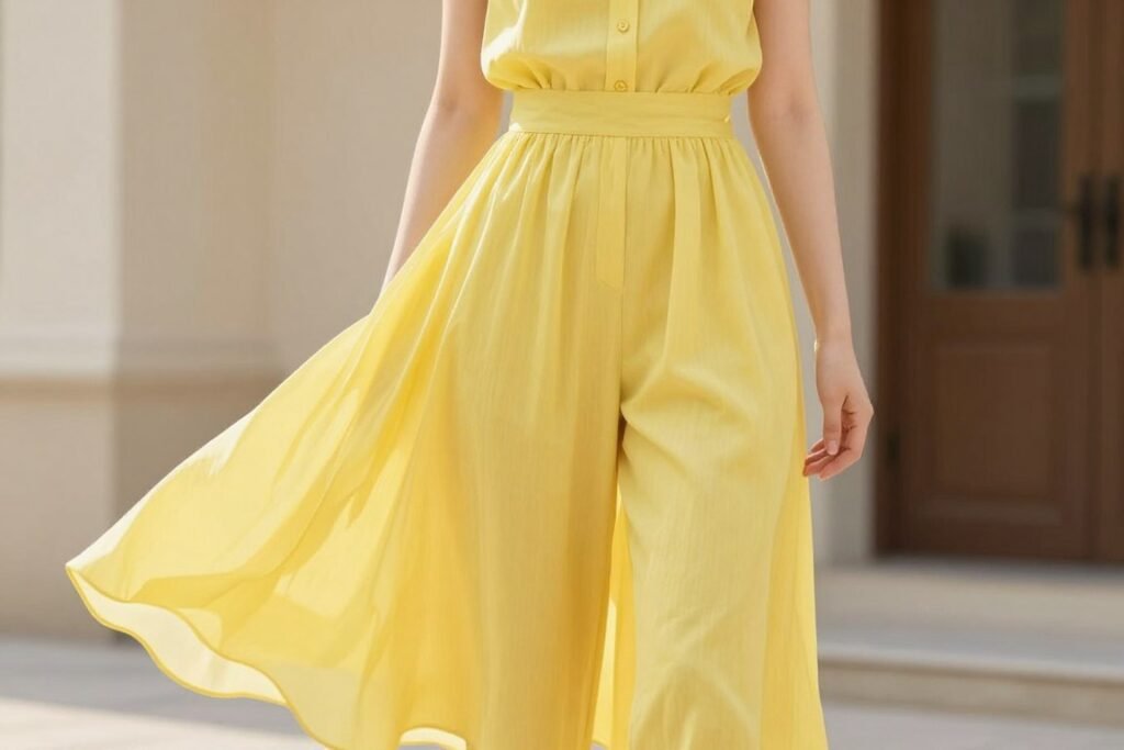 Woman wearing a bright yellow outfit for spring 2026