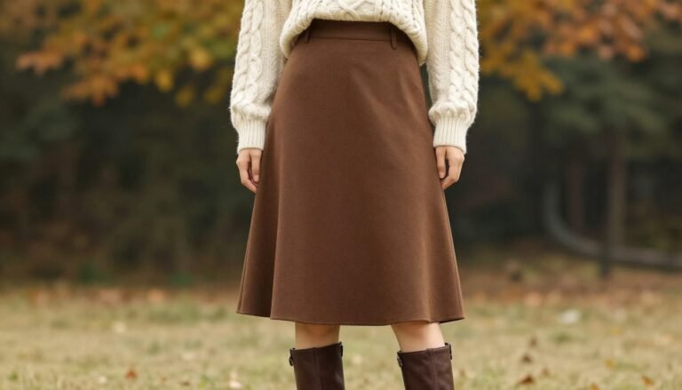 Woman wearing a brown A-line skirt paired with a cream sweater and brown boots for a classic fall brown skirt outfit