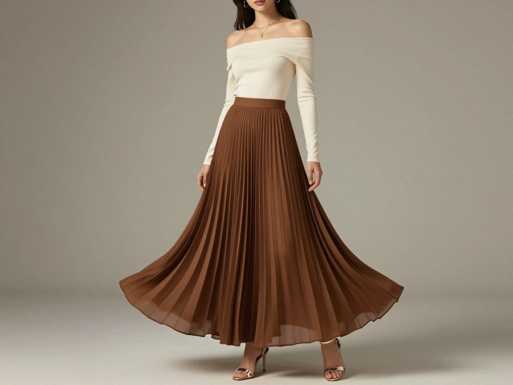 Woman wearing a brown pleated maxi skirt with a cream off-shoulder top for an elegant brown skirt outfit