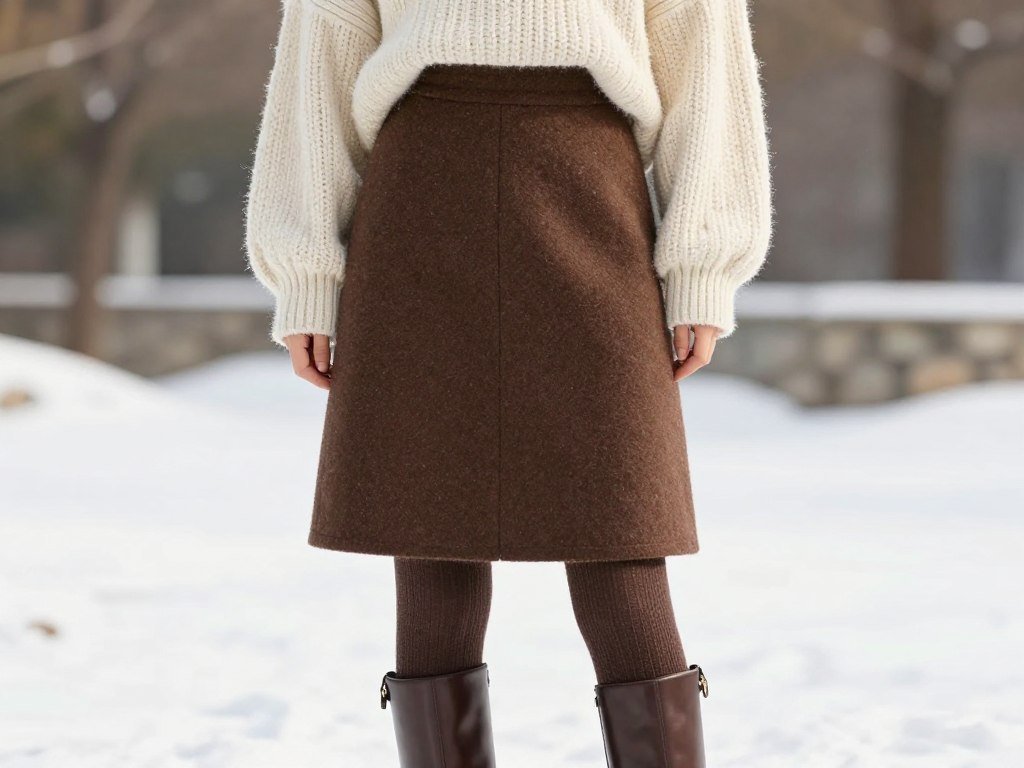 Woman wearing a brown wool skirt with a chunky cream sweater and knee-high boots for a winter brown skirt outfit