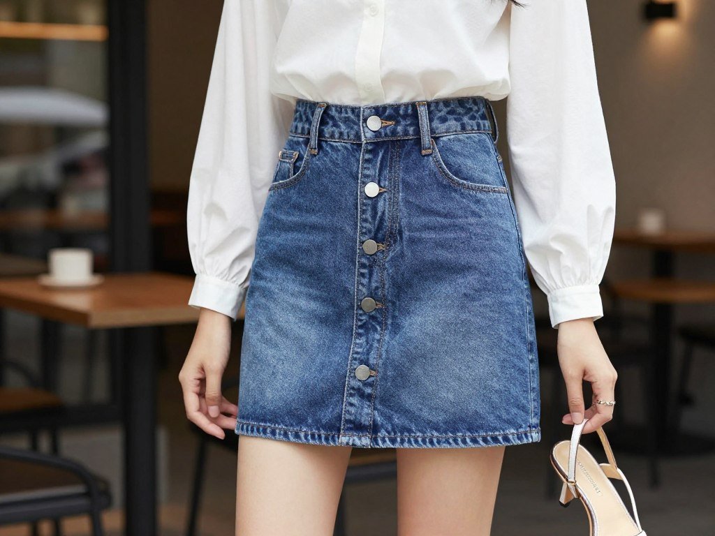 Woman wearing a button-front denim skirt with a tucked-in blouse and heeled sandals