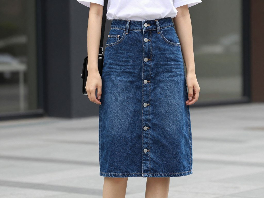 Woman wearing a button-front jean skirt with casual t-shirt