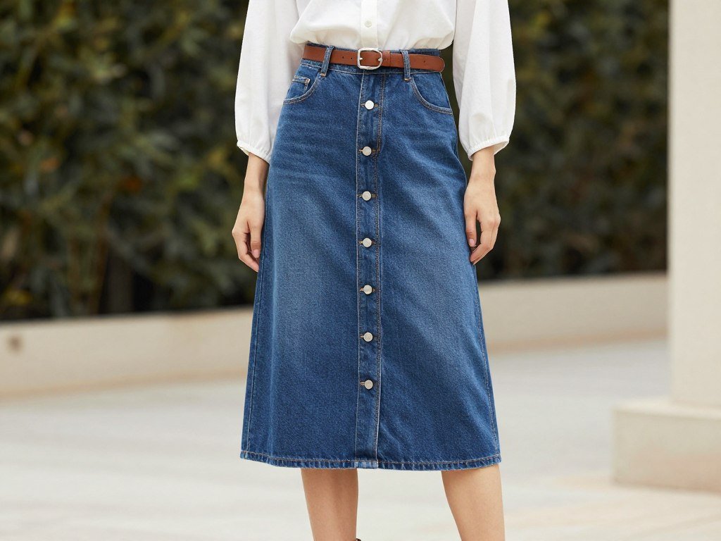 Woman wearing a button-front midi jean skirt with tucked-in blouse