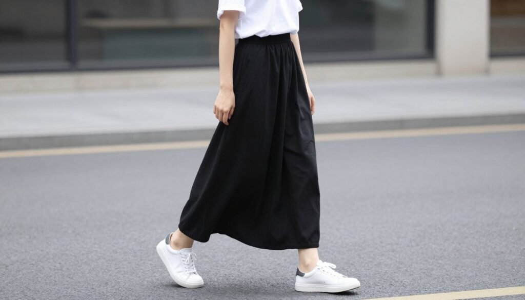 Woman wearing a casual long black skirt outfit with t-shirt and sneakers