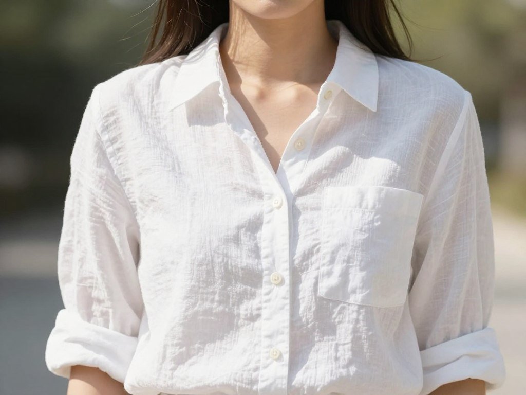 Woman wearing a casual white linen button-down shirt with rolled sleeves for summer