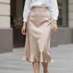 Woman wearing a champagne satin midi skirt paired with a fitted white blouse and minimal accessories for an elegant daytime satin skirt outfit