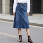 Woman wearing a classic A-line jean skirt paired with a white button-down shirt and ankle boots