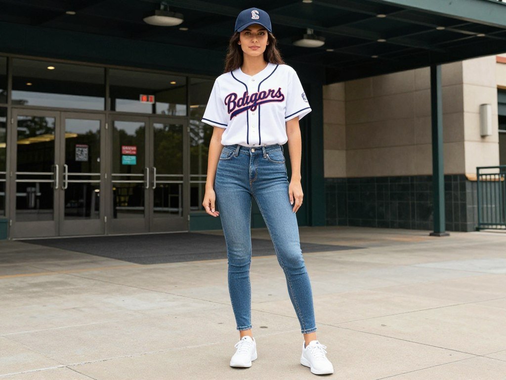Woman wearing a classic baseball game outfit with team jersey, jeans, and cap