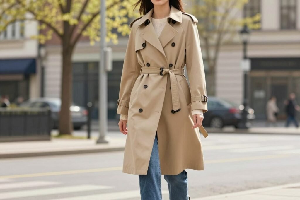 Woman wearing a classic beige trench coat over a spring outfit
