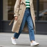 Woman wearing a classic beige trench coat with striped sweater, straight-leg jeans and white sneakers - casual spring outfits women