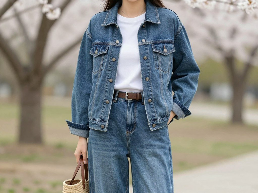 Woman wearing a classic denim jacket with white t-shirt and wide-leg jeans - casual spring outfits women